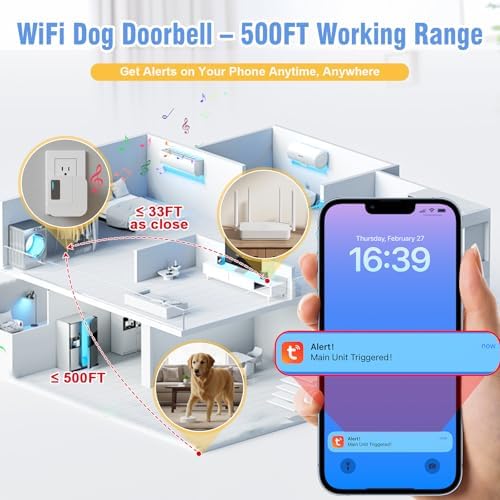 ChunHee WiFi Smart Dog Door Bell for Potty Training to Go Outside–Wireless Doggy Doorbell with Tuya Phone Notification–Waterproof Touch Button and Adjustable Volume, Multi-User Alerts(1 Dog Buttons)