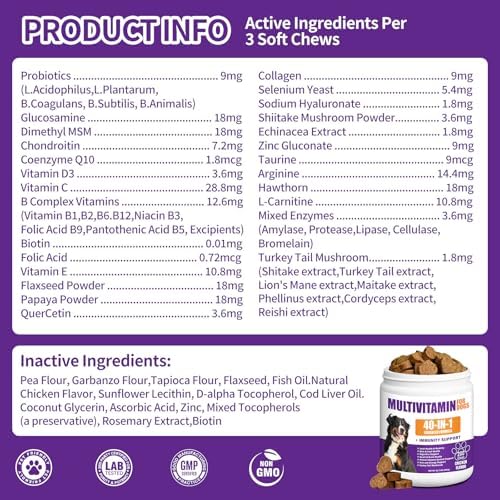40 in 1 Dog Vitamins and Supplements 200Ct Dog Multivitamin Chewable, Immunity Support Multivitamin Vitamins with Turkey Tail Mushroom, Skin & Coat, Mobility, Gut & Heart Health, Hip & Joint Support