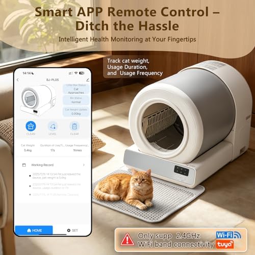 Self Cleaning Cat Litter Box for Multiple Large Cats - 60L Capacity, APP Control Automatic Litter Box with Safety Sensors, Odor-Free & Anti-Leakage, Includes Litter Mat & Litter Scoop,Apricot