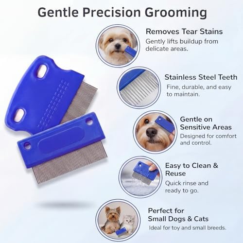 Pets&Goods Tear Stain & Flea Remover Comb Set for Dogs & Cats – Stainless Steel Eye Grooming Tool for Stains, Crust & Mucus – Gentle, Safe, Reusable – Pack of 2