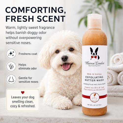 Warren London Exfoliating Butter Wash Dog Shampoo – Milk & Honey, 8 oz | Cleansing, Conditioning & Exfoliating Shampoo with Jojoba Beads for Dry Skin, Flakes, Soft Coat & Shine | Made in USA