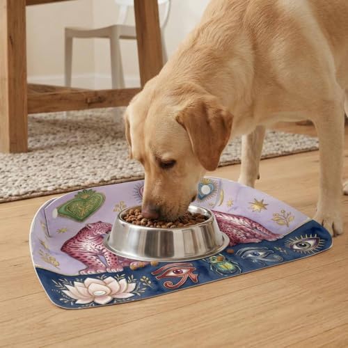 Boho Leopard Pet 100% Waterproof Feeding Mat with Raised Edges, Mystic Aesthetic Lotus Eyes Pink Purple Cat Small Dog Foldable Food Mat with Easy Clean Leather for Home Travel 17.7x11.8in
