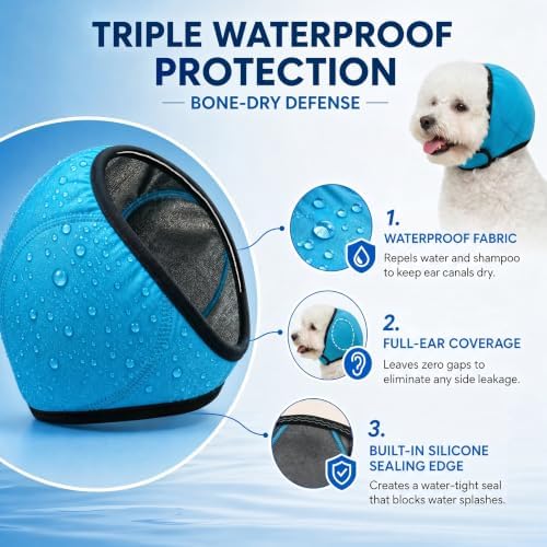 Dog Ear Covers for Bath: Waterproof Ear Wraps Keep Water Out During Bath Time - Reduce Ear Infection Risk By 97% - Anti-Slip Fit for Small Breeds Dachshund/Westie/Shiba Inu