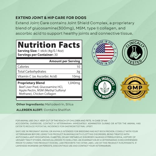 Extend Dog Hip and Joint Supplement Beef Flavored Powder Packets with Glucosamine, Chondroitin, MSM & Collagen, Hip & Joint Support, Mobility & Cartilage Health, Daily Dog Supplement, 60 Count