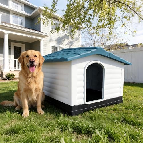 Elevated 2-Door Plastic Dog House Kennel with Fold-Out Porch
