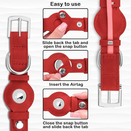 Leather Dog Collar with Airtag Holder - Apple Air Tag Dog Collars - Soft Tracking GPS Pet Collar for Small Medium Large Dogs Breed Puppy (Red, M, 12"-15" Neck Fit)
