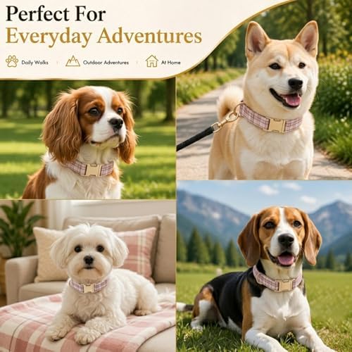 Soft Cotton Dog Collar Classic Plaid Pet Collars with Metal Clasp for Medium Dogs with Sensitive Skin, Blush Pastel Tartan