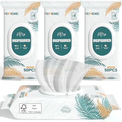 200 Count Dog Wipes & Cat Wipes (4x50 Packs) | Hypoallergenic, pH Balanced for Paws, Body, Face & Grooming |All-Natural Plant Fiber Wipes with Aloe, Coconut Oil & Vitamin E |Pearl Texture