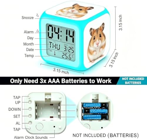Wake Up Light Cute Golden Hamster Cube Digital Alarm Clock, Battery Operated 7 Color Soft LED Glow Lamp, Time Week Date Temp Small Pet Lover Bedroom Clock