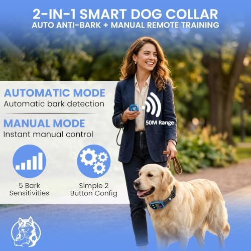 No-Shock Humane 2-in-1 Smart Bark Collar + Remote: Beep & 2X Vibration| Auto Bark Training| Manual Trigger Button|15lbs+| Small Medium Large Dogs| 4 Modes| Rechargeable| 5 Sensitivities