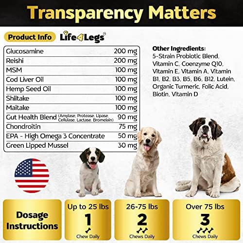 30 Soft Chews Dog Vitamins - Hemp Oil Glucosamine Chondroitin Hip and Joint Support Health, Skin & Coat Supplements, Digestion & Immune Booster, Heart, Probiotics - Bacon Flavour