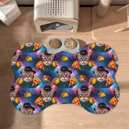Galaxy Space Cat Eat Pizza Dog & Cat Food Mat Bone Shaped Pet Feeding Mat