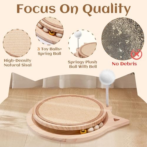 Natural Sisal Cat Scratcher, Round Cat Toys for Indoor Cats Interactive Toys with Ball Track Spring Ball, Kitten Toys for Chasing Hunting Mental Physical Exercise Puzzle