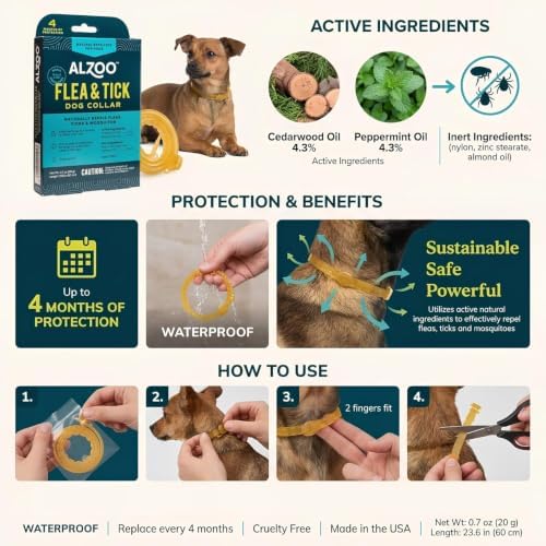 ALZOO Natural Flea & Tick Dog Collar - Helps Repel Fleas, Ticks & Mosquitoes - 100% Plant-Based Active Ingredients, Waterproof, Up to 4 Months Protection - Small-Sized Dogs 15 lbs & Under - Pack of 3