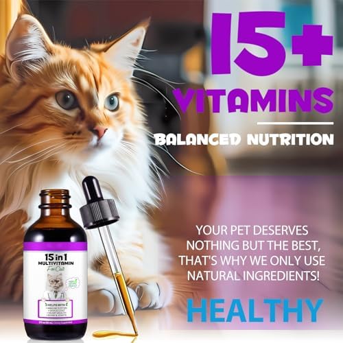 VOSIFSDIY Cat Multivitamin,15 in 1 Cat Vitamins Liquid Drops Supplements for Heart Health, Bones, Joint, Skin & Coat, Bladder, Immune System Support 60ml
