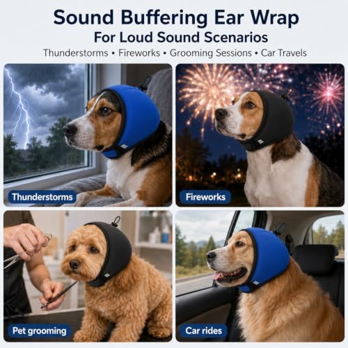 Adjustable Dog Quiet Ear Muffs Calming Ear Hoodie, Noise Canceling Breathable Ear Wraps for Dog Anxiety Relief, Ear Covers for Fireworks Thunderstorm Grooming Force Drying Noise Protection(Black, L)