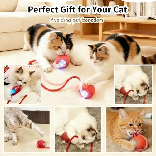Interactive Cat Toys Ball，Automatic Interactive Cat Toy with 3 Modes, LED Light & 3 Replaceable Accessories, Indoor Cat Exercise Toy for Kittens & Adult Cats, Relieves Boredom Peach Pink