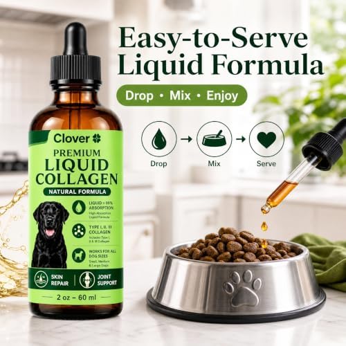 Clover Dogs Liquid Collagen for Dogs, Daily Joint Mobility, Skin & Coat Support Supplement Drops, Easy Liquid Formula for Dogs