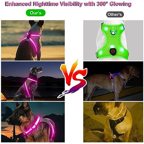 Visinite LED Dog Harness, USB Rechargeable Light Up Dog Vest, 2 Illuminate Modes Glow in The Dark Dog Harness, Adjustable Lighted Pet Harness Light for Night Walking Safety (Pink, XL)