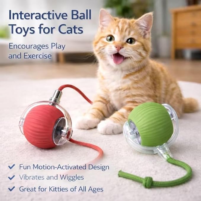 Interactive Rolling Cat Ball Toy with String, Motion Activated Automatic Cat Toy, USB Type C Rechargeable LED Light Pet Toy for Indoor Cats (Green)