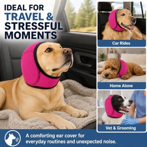 Dog Ear Muffs Noise Protection, Adjustable Dog Ear Wrap Calming Hoodie, No Shake Ear Covers for Thunder, Vacuum, Grooming & Bathing, Polyester Noise Reduction Padding with Elastic Strap(Rose red,M)