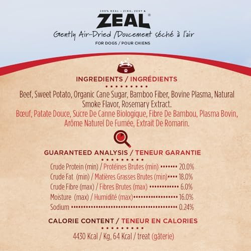ZEAL Natural Beef Jerky Tenders for Dogs, 100% Real Canadian Beef, High Protein 24%, Soft Training Treats, Air-Dried, Grain Free, Made in Canada, 20oz
