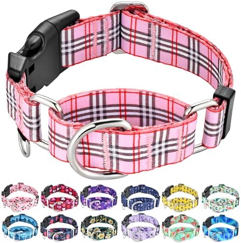 Martingale Collar with Quick Release Buckle Cute Girl Female Training Dog Collars (Pink Plaid, Large)