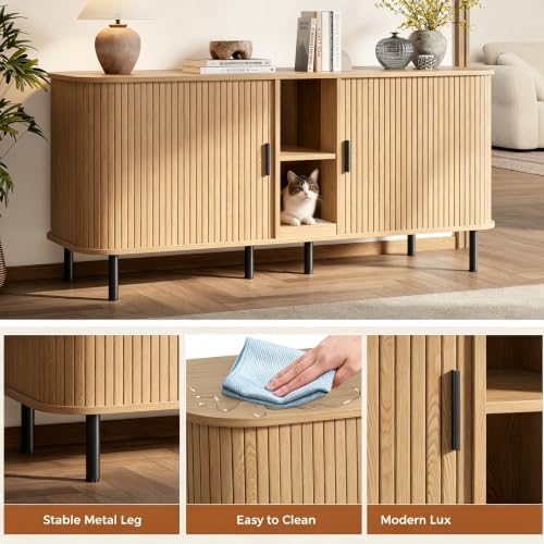 58" Double Cat Litter Box Enclosure, Large Hidden Litter Box Furniture for 2 Cats with Cat Scratch Pad, Wooden Modern Indoor Cat House with Double Room, TV Stand, Side Table, Natural