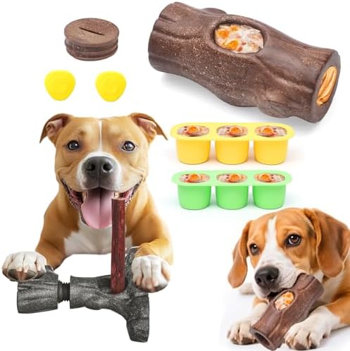 Tree Stump Dog Puzzle Toy for Medium/Large Dogs – Interactive Chew Toy with Frozen Treat Molds & Peanut Butter Grooves, Tree Trunk Bully Stick Holder for Dogs, Fits Various Bully Sticks