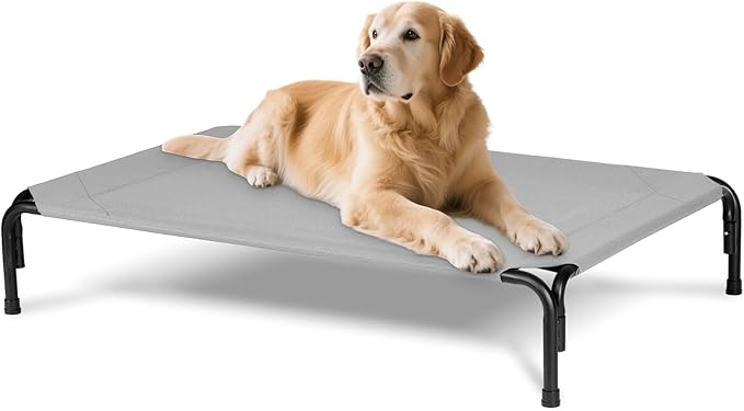 PVY Elevated Dog Bed for Outdoor, XL Raised Dog Cot with Washable Mesh, Cooling Pet Cot Chew Proof for Outside Camping, 47 inch Grey