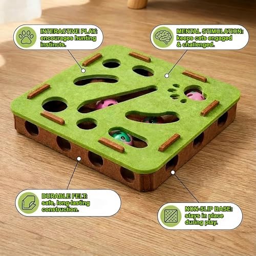 Interactive Cat Puzzle Feeder Toy – Felt Maze Box with 3 Jingle Balls – Mental Stimulation, Slow Feeding & Fun Exercise for Indoor Cats & Kittens (1,Round-Gray)