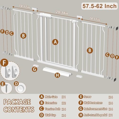 Fairy Baby Extra Wide Baby Gate for Doorways Auto Close Safety Gates for Bedroom, Fits 57.5 Inch to 62 Inch with Pressure Mounted Extention Kit, White