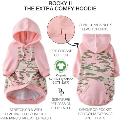 Rocky II - The Extra Comfy Hoodie, Organic Cotton and Recycled Poly Dog Hoodie Pet Coat Sweater for Small, Medium, Large Dogs, Pink Half Camo, Medium