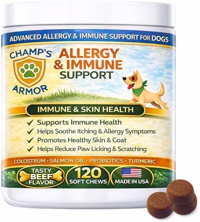 Allergy Relief for Dogs - Dog Itchy Skin & Dog Skin Allergies Treatment Chews with Natural Antihistamine, Colostrum, Salmon Oil, Probiotics for Seasonal Allergies Dogs - 120 Beef Flavor Soft Chews