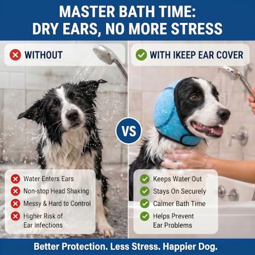 Waterproof Dog Ear-Cover for Bath: Keep Water Out During Bath Time - Reduce Ear Infection Risk By 97% - Anti-Slip Fit for Medium Breeds Cocker Spaniel/Beagle/Springer Spaniel