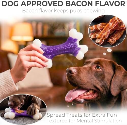 Kseroo Indestructible Dog Toys for Aggressive Chewers: Bacon Flavored Hard Nylon Bone Chew Toys, Tough Dog Chew Toys for Large Dogs, Dog Toys to Keep Them Busy for Medium Large Breed, Purple