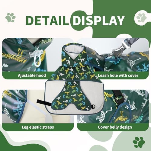 Dog Raincoat,Dog Rain Jacket Poncho with Hood and Leash Hole(Dinosaur,M)