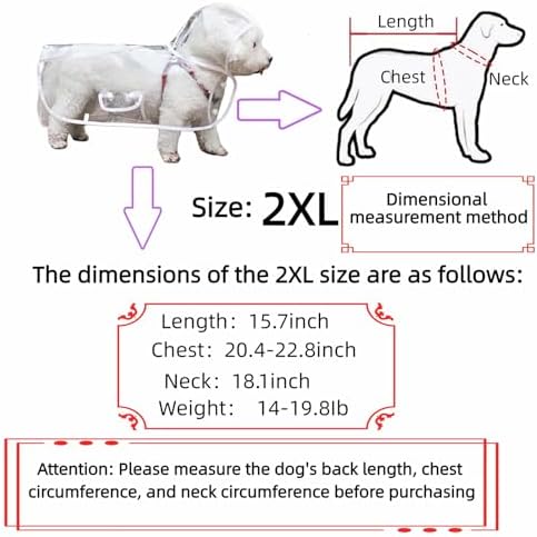 Clear Dog Rain Poncho for Small Medium Dogs,Heavy Waterproof Raincoat with Hidden Leash Hole&Adjustable Snaps,Pet Hooded Cape for Bichon Poodle (14-19 lbs) (Transparent, XX-Large)