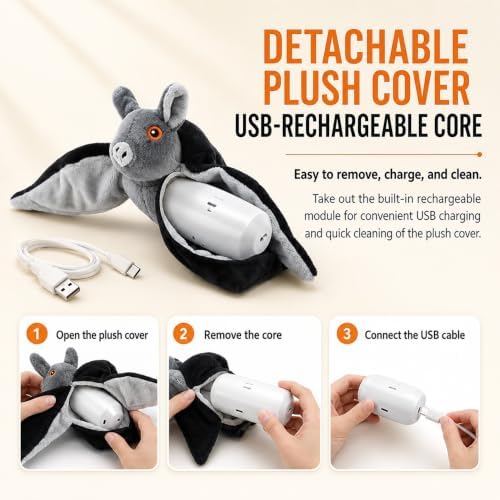 Flying Bat Toy for Dogs & Cats Realistic Bat Flight Flapping Wings Interactive Pet Toy with Chirping Mimics Real Flying Motion Detachable USB Rechargeable Hanging and Ground Play，1set