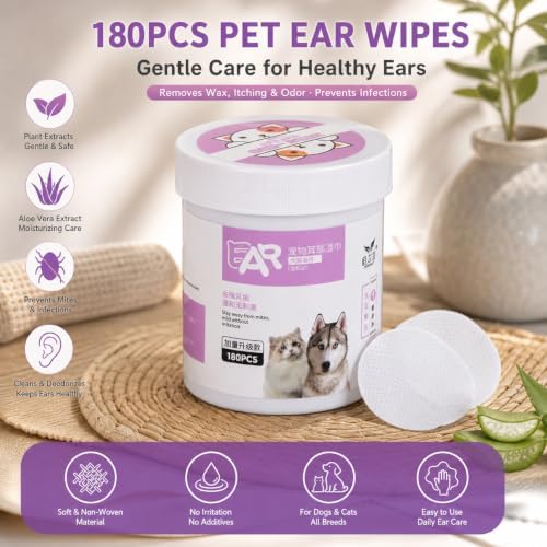 Dog Ear Wipes, 180PCS Ear Cleaner Wipes for Dogs and Cats with and Hypoallergenic Formula, Removes Wax Itching Odor, Prevents Infections, Pet Cleaning