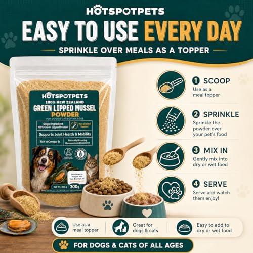 Green Lipped Mussel Powder for Dogs & Cats - 100% New Zealand Green Lipped Mussels - Natural Hip & Joint Supplement for Joints, Tendons, Ligaments, Muscles & Stiffness - 150 Grams (Up to 500 servings)