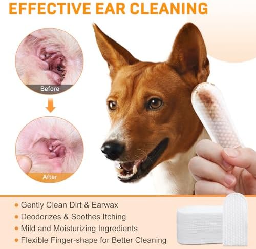 Ear Cleaner Finger Wipes for Dogs & Cats, Gently Clean Earwax & Dirt, Soothe Ear Itching, Easy to Use, Natural Pet Ear Wipe for Dog, Unscented, 100 Disposable Count