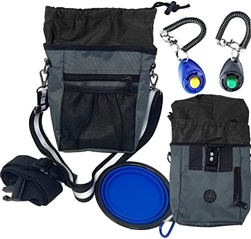 Jalousie Dog Training Pouch with Training Clicker and Water Bowl - 5 Ways to Wear - Carry Toys, Treats for Positive Reinforcement - Built-in Poop Bag Dispenser (Grey)