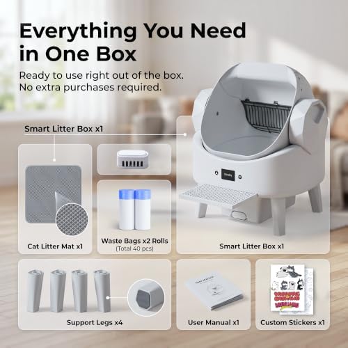 Realbear Automatic Litter Box, Smart Self Cleaning Cat Litter Box with App & Button Control, Open Top Design Safety Auto Litter Box for Multi Cats, 2 Rolls of Garbage Bags