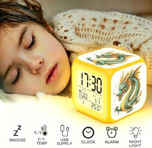 Wake Up Light Chinese Green Dragon Cube Alarm Clock, Battery Powered 7 Color Changing LED Light, Multifunctional Thermometer Calendar Myth Creature Bedroom Decor Gift