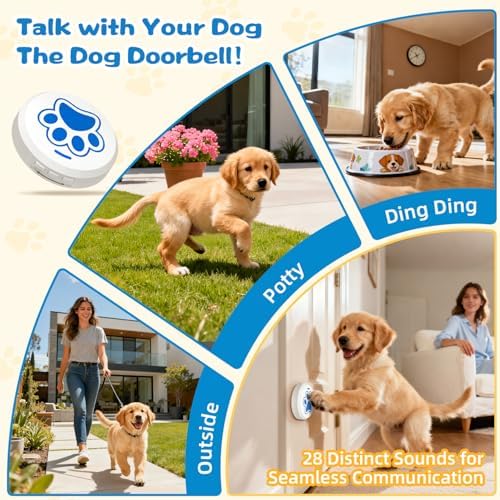 Dog Bells To Go Outside Puppy Dog Bell for Door Potty Training with 28 Ringtones Doorbell Integrated Chew-Proof Design Potty Train Bells Your Doggy to Ring The Bell Adjustable Volume (0-115dB)