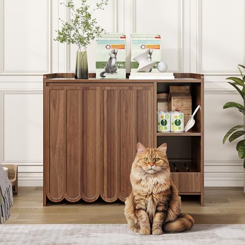 Halitaa Large Litter Box Enclosure with Litter Collector, Hidden Litter Box Furniture for Automatic Litter Box, Cat Robot 3/4, Dog Proof Litter Box Cabinet, Side Table, Walnut