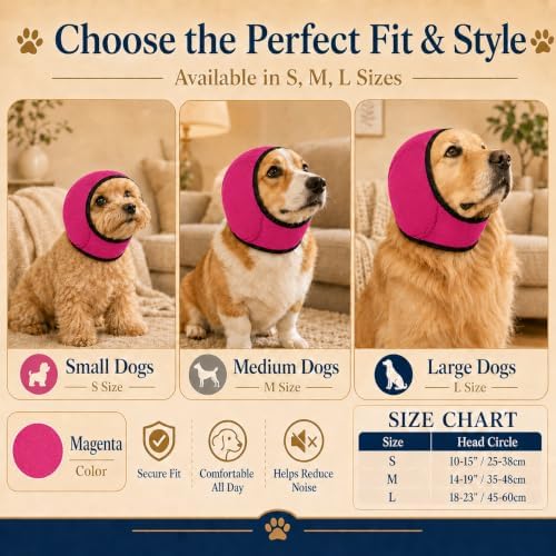 Dog Ear Muffs Noise Protection, Adjustable Dog Ear Wrap Calming Hoodie, No Shake Ear Covers for Thunder, Vacuum, Grooming & Bathing, Polyester Noise Reduction Padding with Elastic Strap(Rose red,S)