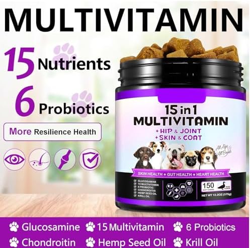 15-in-1 Dog Multivitamin Supplements with Glucosamine & Probiotics，Natural Daily Vitamins Chews for Dogs,Pet Health Support-Skin-Immunity-Gut Digestion-Joint-Heart,150 Pcs-Duck Flavor
