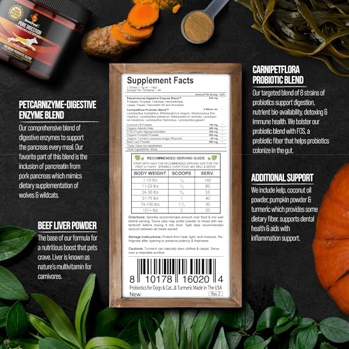 Best Paw Nutrition Probiotics for Dogs | Digestive Enzymes and Probiotics Powder | Beef Liver Flavor | Pumpkin, Turmeric and Prebiotic FOS | Gut Health Food Topper for Dogs and Cats | 6.5oz